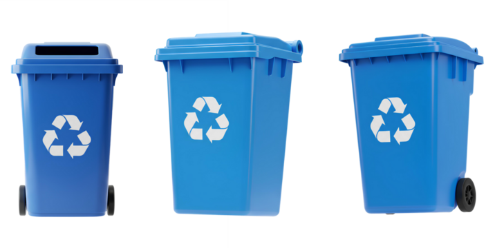blue recycle bin different views set PNG. Blue bin for recycling trash isolated. Blue garbage bin isolated in multiple angles on transparent background for waste sorting visuals