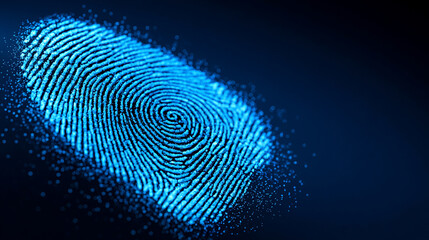 Simple digital biometric fingerprint scanning concept with 3D rendering on blank background. Modern security and identification system visual, clean and minimalistic design. Caption space on the side.