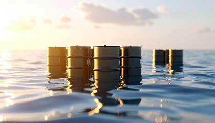 Oil barrels floating on calm water during sunset with reflections