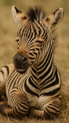 Fototapeta premium Adorable zebra foal resting peacefully.