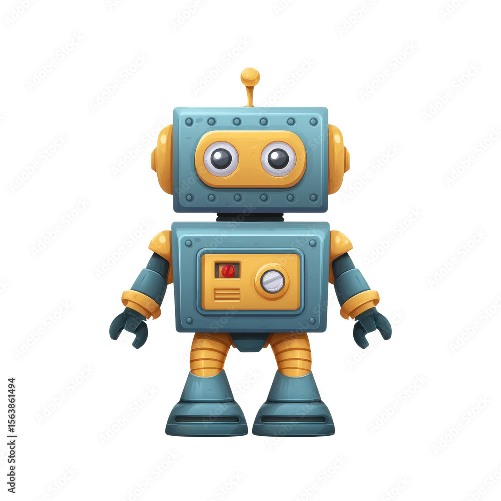 Poster colorful retro robot character designed for children’s toys and animation with friendly expression a