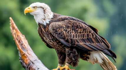 Fototapeta premium A close-up photograph of a majestic Bald Eagle perched on a wooden branch.