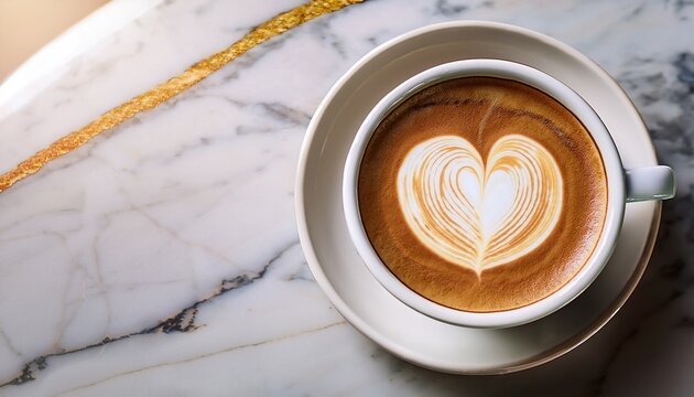 a cup of coffee with heart shaped latte art design placed on a marble table with copy space