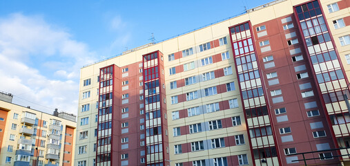 Residential complex. Multi-family panel houses, urban area. Apartment buildings,affordable housing, modern real estate, urban area