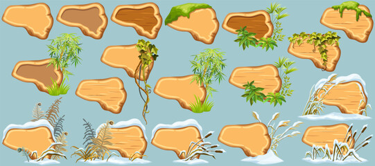 Cartoon game panels with swamp moss, forest lichen, liana branches, jungle leaves, ivy. Marsh reed under snow. Swamp cattails, fern winter. Broken weed and snowdrifts. Vector signboards, frames.