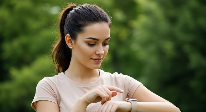 Woman using smartwatch outdoors checking fitness tracker