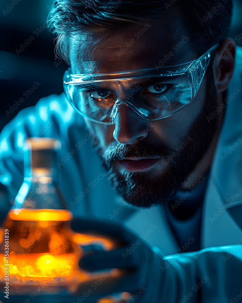 Poster close-up of a focused scientist examining a glowing liquid in a flask during a scientific experiment