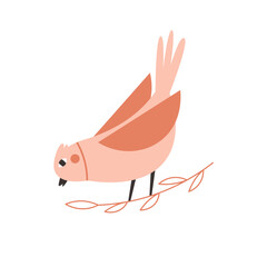 Orange cute bird sits on a branch. Hand drawn cute bird illustration