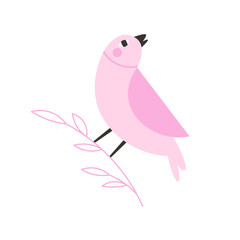 Pink pastel cartoon bird on branch – cute vector illustration
