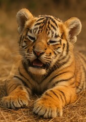 Fototapeta premium Adorable tiger cub resting peacefully.