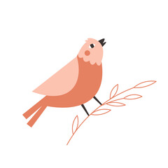 Colorful orange bird on a tree branch. Cute bird vector clipart for design