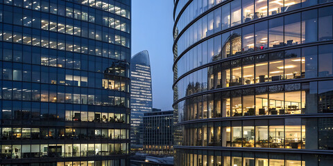 Modern glass skyscrapers illuminate the urban cityscape at night, showcasing tall office buildings and their intricate architecture under the blue skyModern glass skyscrapers illuminate the urban city