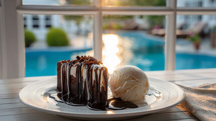 A homemade slice of chocolate cake with chocolate sauce and vanilla ice cream on a plate in front of a blurred swimming pool in the sunset