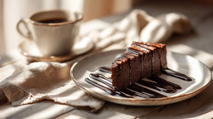 A slice of chocolate cake with chocolate topping on a ceramic plate and sunlight reflection. Aesthetic photo