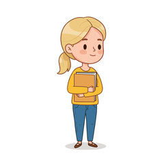 Smiling young girl holding a folder with documents in a cheerful manner