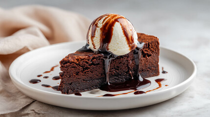 A slice of chocolate cake with a vanilla ice cream scoop on a white plate close-up