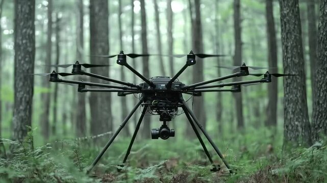 A large black hexacopter drone poised in a forest setting