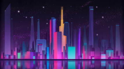 A futuristic cityscape illustration with a dark purple and black starry sky