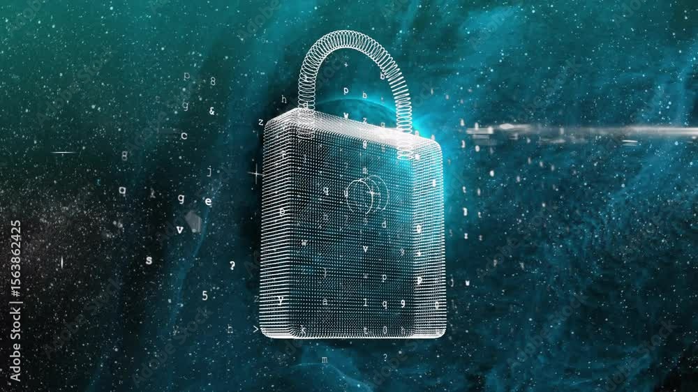 Poster padlock materializing, glow intensifying, code streaming upward, beam slicing, securing data flow