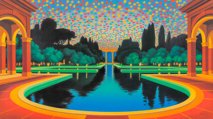 A hyperrealistic painting of a nighttime scene of a reflecting pool with a stone pathway.