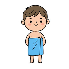 Boy with towel wrapped around waist. Ideal for bath time routines, personal hygiene education, and children's self-care guides.