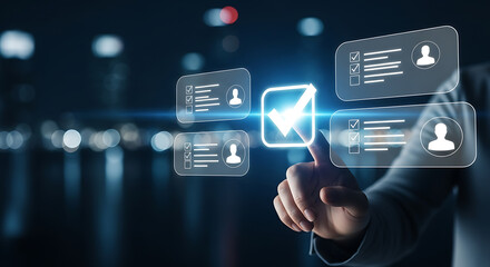 Digital interface selection with glowing checkmark and blurred background image