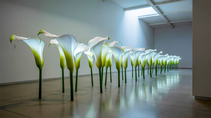 A modern art installation featuring a row of illuminated white translucent calla lily sculptures in a minimalist gallery space.