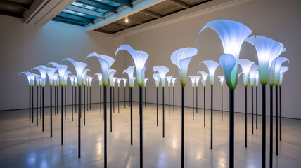 A modern art installation featuring a row of illuminated white translucent calla lily sculptures in a minimalist gallery space.