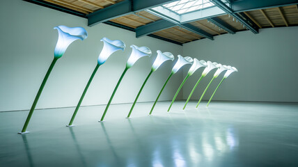 A modern art installation featuring a row of illuminated white translucent calla lily sculptures in a minimalist gallery space.