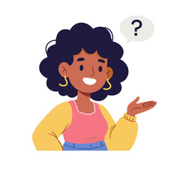 Woman with question mark expressing confusion or curiosity. Perfect for FAQ sections, customer service concepts, or problem-solving scenarios.