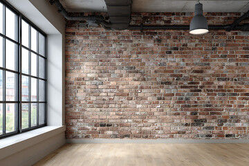Exposed brick wall with large window and industrial pendant light industrial interior