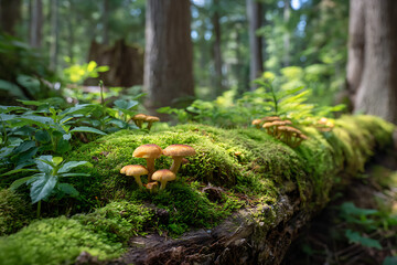 Obraz premium Forest floor fungi cluster on mossy log mushrooms