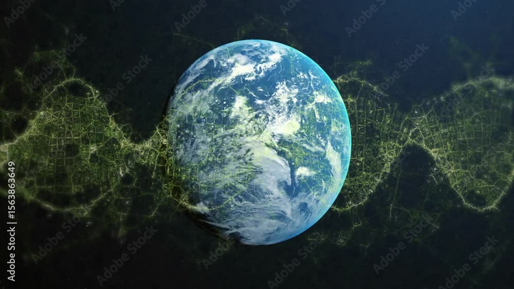Poster digital network emerging left causing helix sliding behind planet showing data orbiting globe