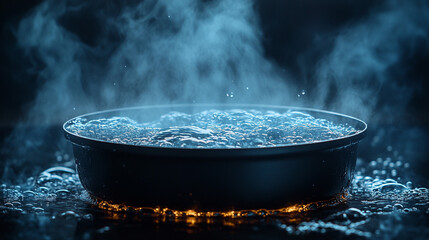 Boiling water in pan on stove with steam, dark background