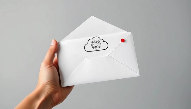 Hand holding oversized envelope with cloud, gear, and notification icons,  information,  cloud computing