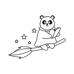 A panda witch flying on a broom with stars a book in hand vector