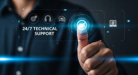 Finger touching glowing interface with support icons technology digital