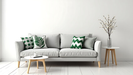 Modern minimalist living room interior: light grey sofa with green patterned cushions, side table, and white flowering branch.