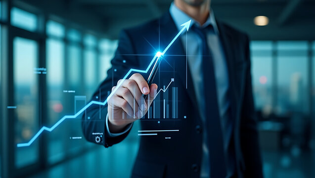 Businessman Drawing Upward Trending Graph, Modern Corporate Success, Blue Tone