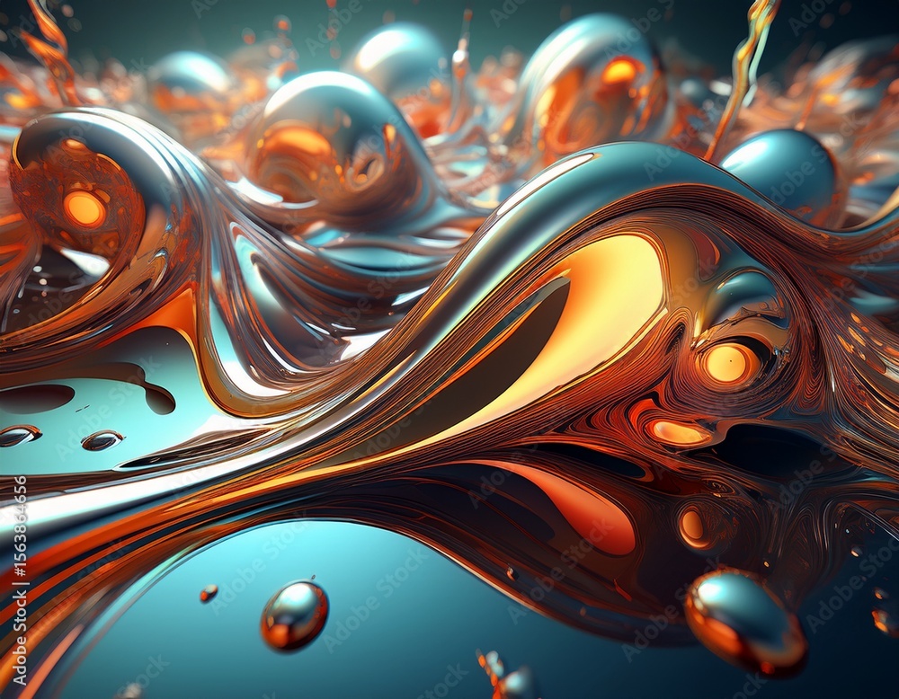 Poster a liquid surrealist background with morphing metallic blobs reflective surfaces and an eerie floatin