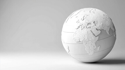 Minimal white globe icon on a clean blank background with ample caption space on the side. Simple, modern design symbolizes global connection, internet, communication, or worldwide access.

