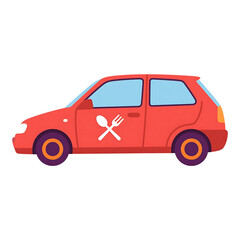Obraz premium Red delivery car with fork and spoon logo isolated on transparent background