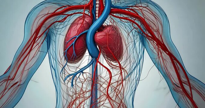 Close-up of a 3D animated human circulatory system, showing blood flow through veins and arteries.
