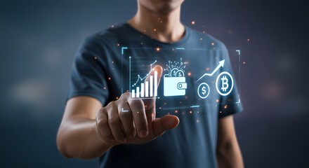 Digital Finance: Man Interacting with Cryptocurrency and Investment Interface