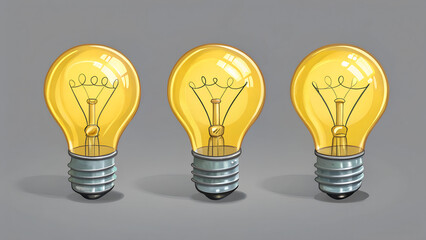 Three yellow light bulbs are standing side by side on a gray background