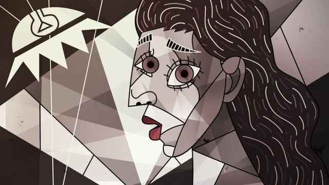 black and white cubist scene of a woman