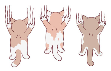 Three cartoon cats scratch a white background. Cute cats series.