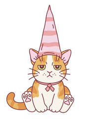A serious cartoon cat in a pink striped cap hat. Cute cats series.