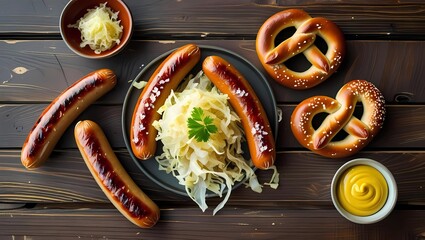 Top-down view of traditional German food including bratwurst, sauerkraut, pretzels, and mustard served on rustic wooden table in vibrant flat lay
