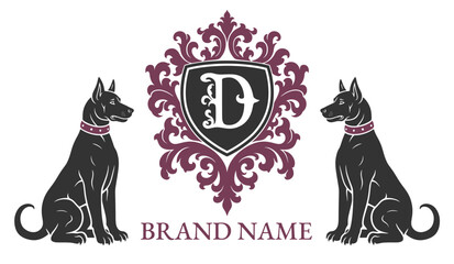 Vintage-style logo design with two dogs, floral ornament and decorative letter D.